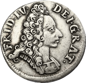 Friedrich IV. auf einer 8 Skillingmünze, 1704