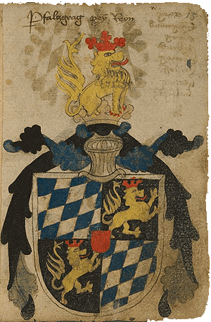 Wappen der Pfalzgrafen bei Rhein im Ortenburger Wappenbuch, um 1473