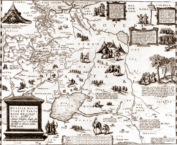 Karte  von Anthony Jenkinson (1562): russischer und tatarischer Osten, bewohnt von unbekannten Völkern mit seltsamen Bräuchen